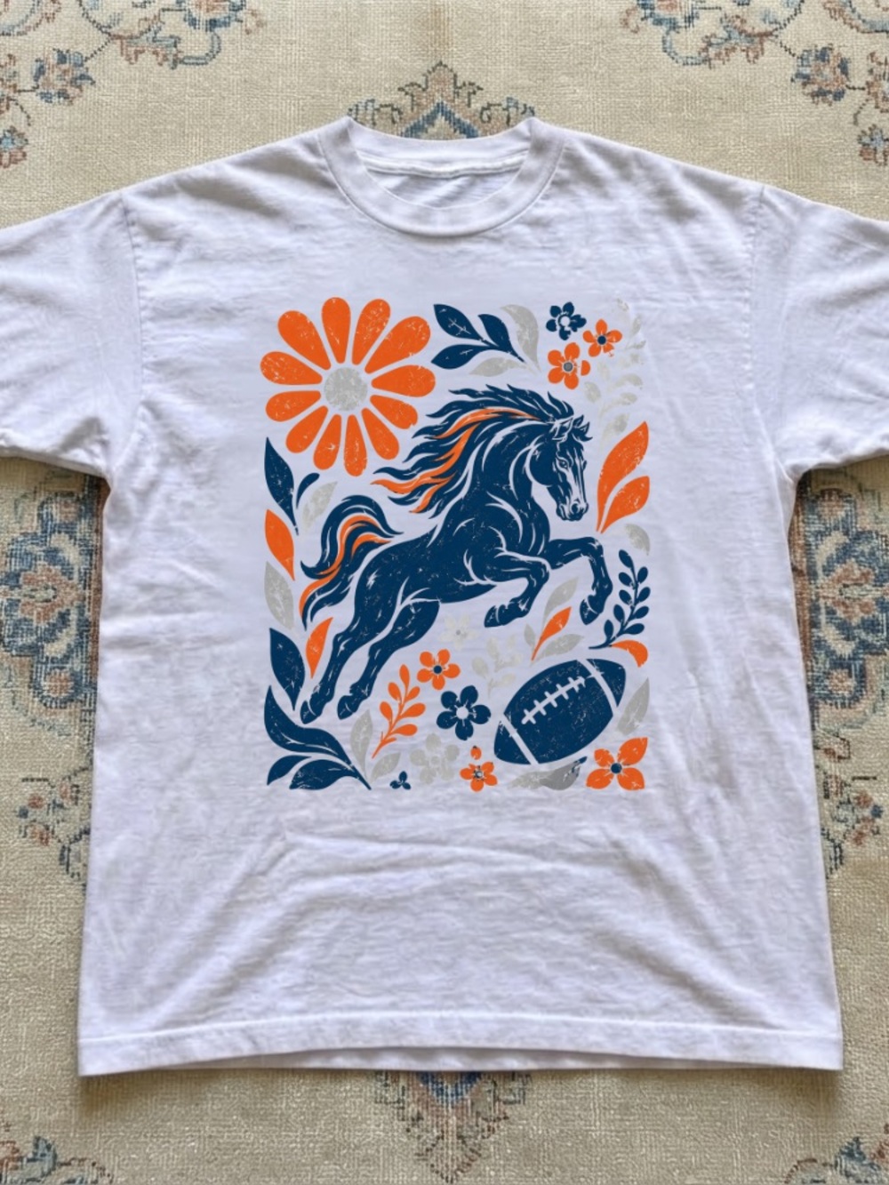 Denver Broncos Horse Football Flowers Vintage White T-Shirt